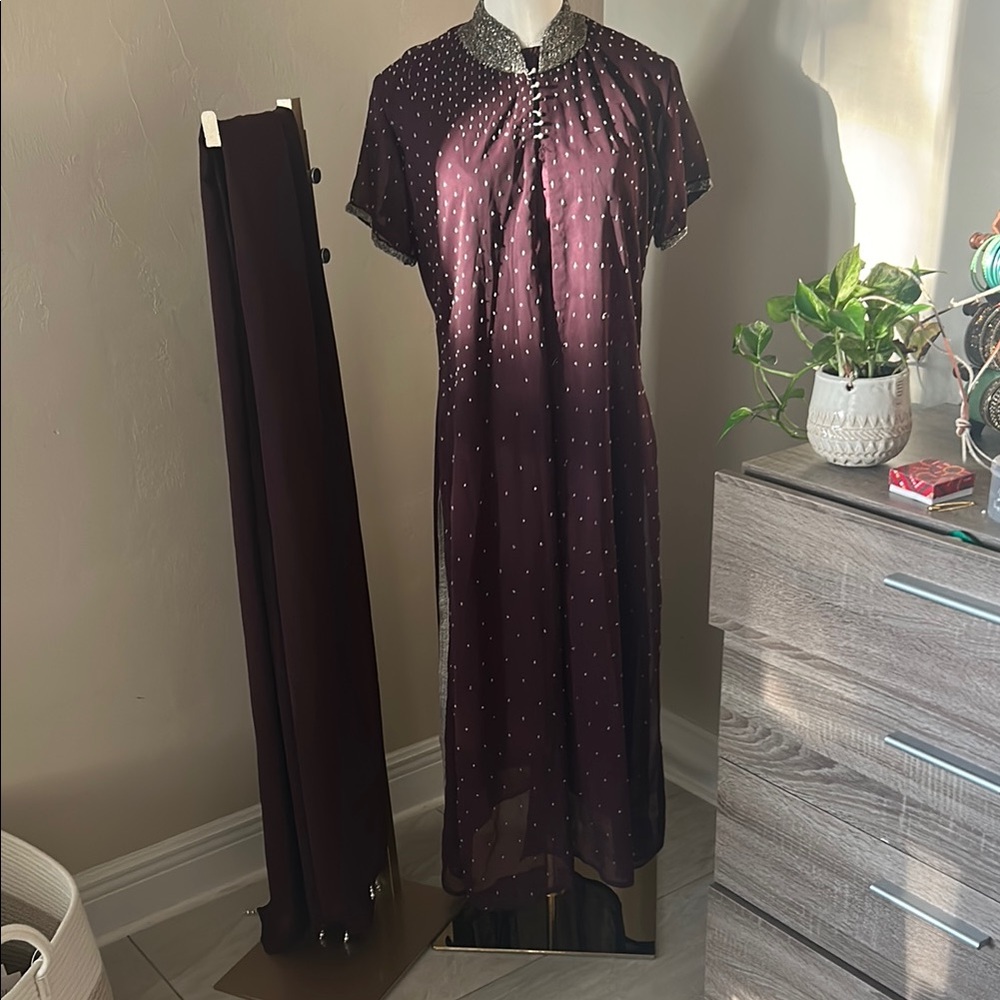 Elegant Burgundy Dress with Silver Accents